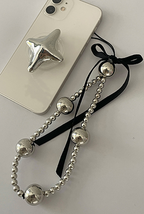 Silver ball ribbon phone strap